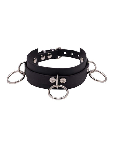 Schwarzer Easure Triple Slave Choker aus BioThane mit 3 silbernen O-Ringen