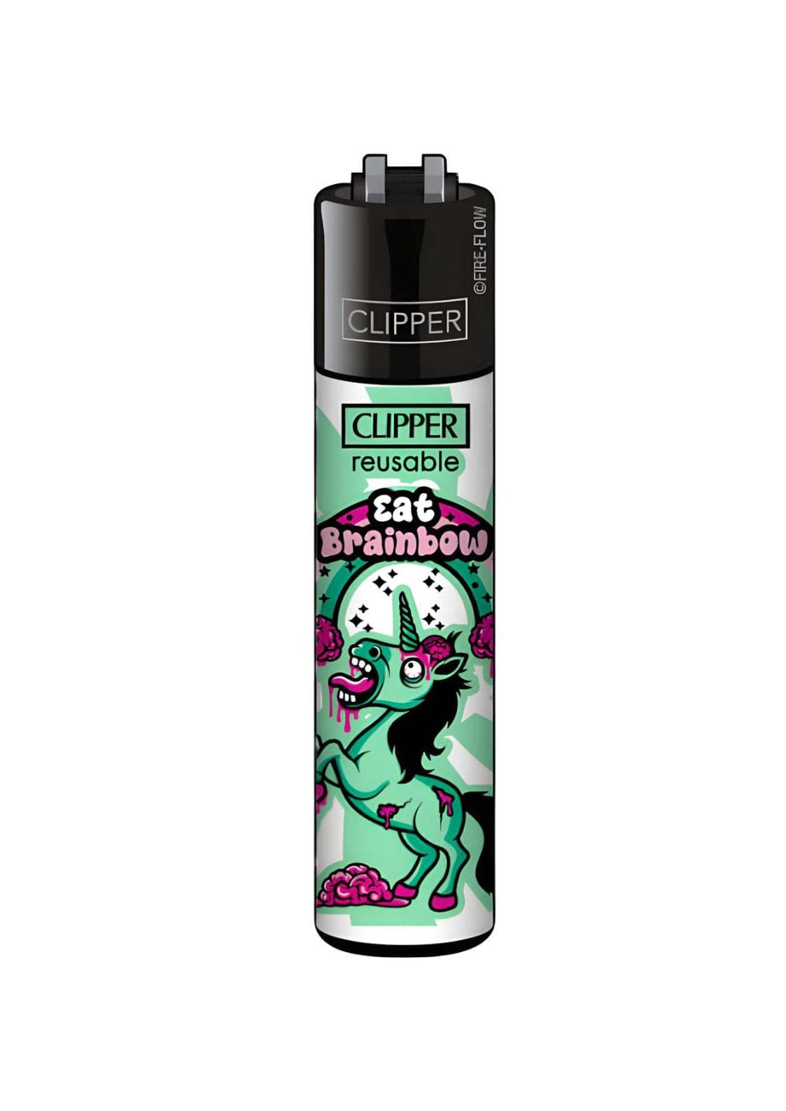 Bunter grüner und pinker Cartoon-Einhorn Clipper Feuerzeug mit schwarzem Deckel
