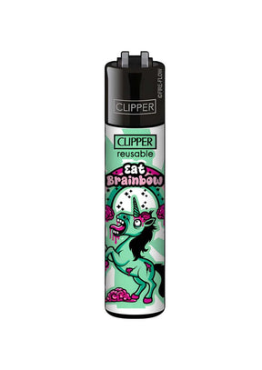 Bunter grüner und pinker Cartoon-Einhorn Clipper Feuerzeug mit schwarzem Deckel