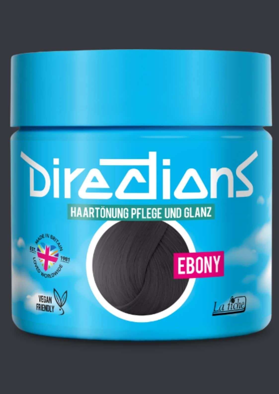 Ebony directions 100ml halbpermanente haartönung in einem tiefdunklen farbton in einem leuchtend blauen zylinderbehälter