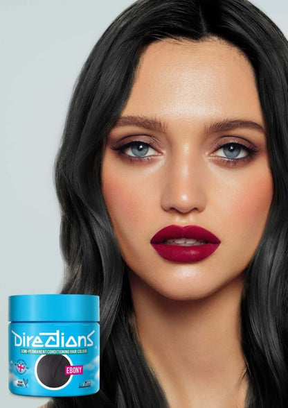 Ein lebendiges blaues gefäß mit ebony directions 100ml semi-permanente haartönung im tiefdunkler farbton