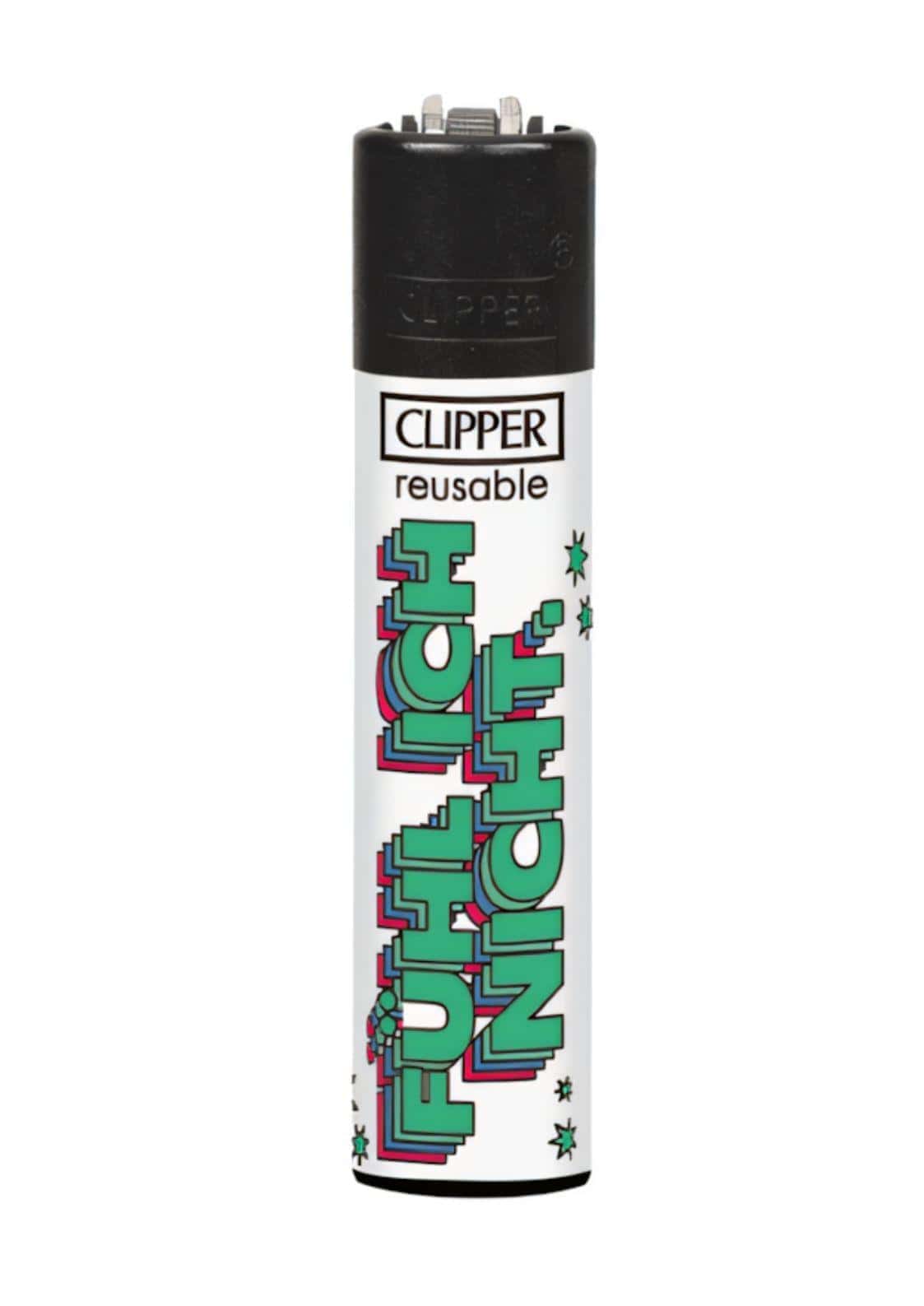 Weißes clipper feuerzeug mit schwarzem oben und unten, grün-pinkem pixel-text tokyo, ideal für gothic und dark fashion fans