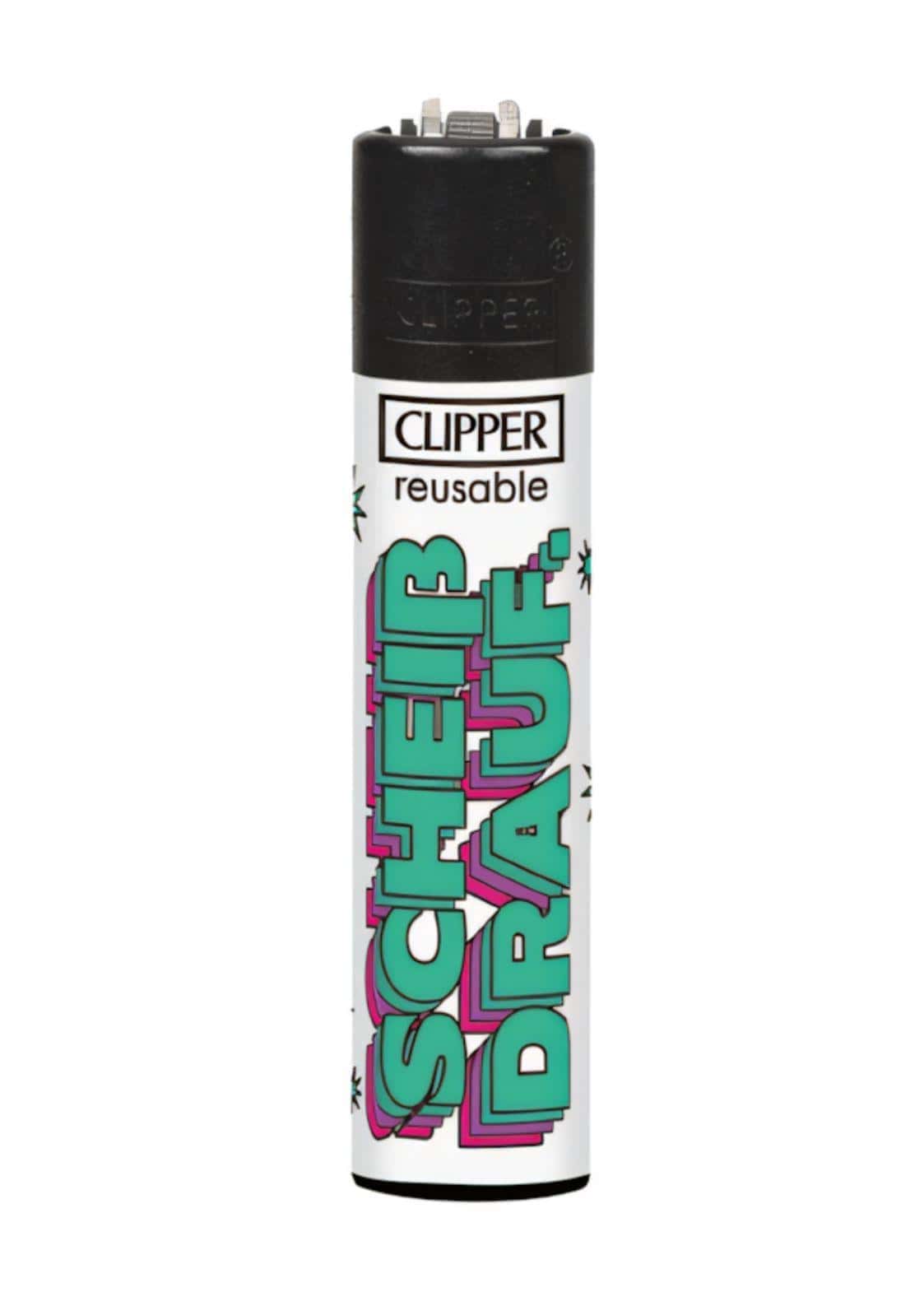 Weißer clipper feuerzeug mit teal und magenta graffiti lettering schheir drauf im egal set für gothic kleidung und horror fans