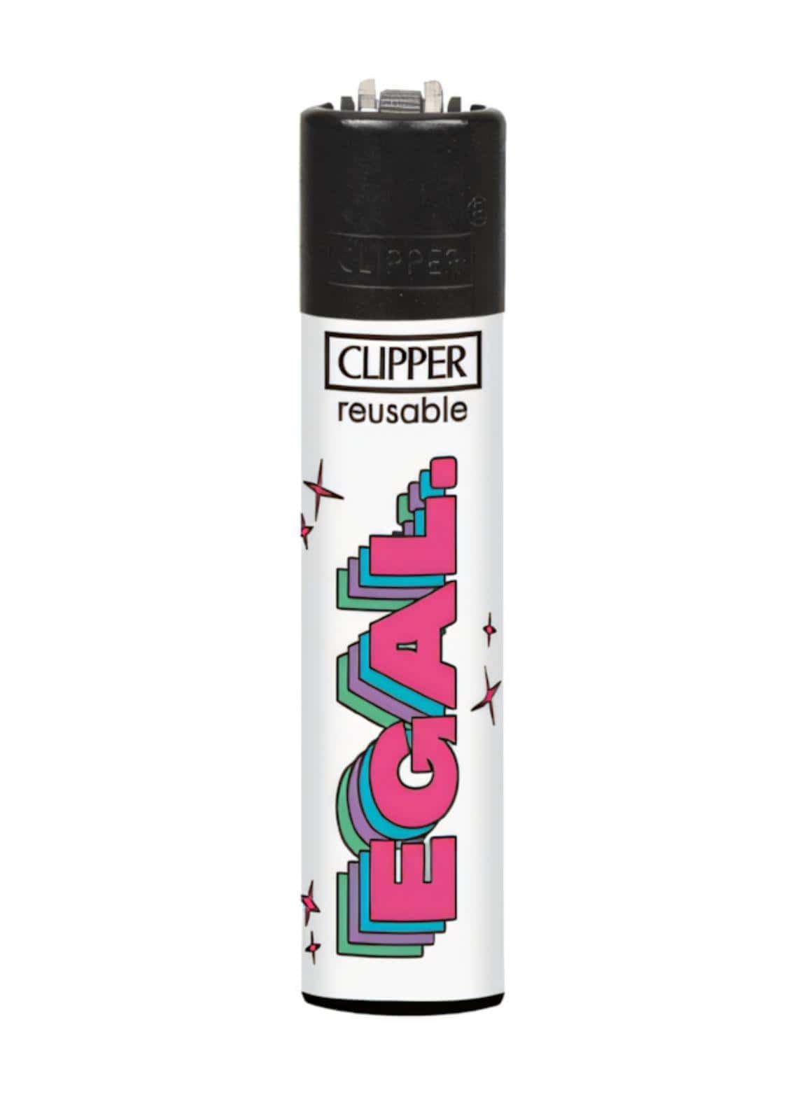 Weißes clipper feuerzeug set egal mit schwarzem ober- und unterteil, pinkem equal-schriftzug im gothic-look und roten sternen, passend zu dark fashion
