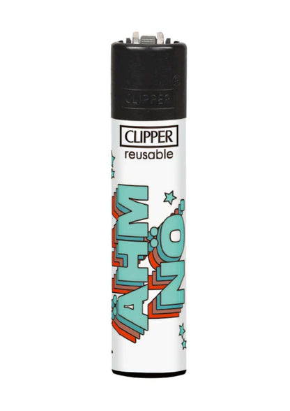 Weißer clipper wiederbefüllbarer leichter mit retro-design und teal-orangem mizz schriftzug für gothic kleidung und horror fans