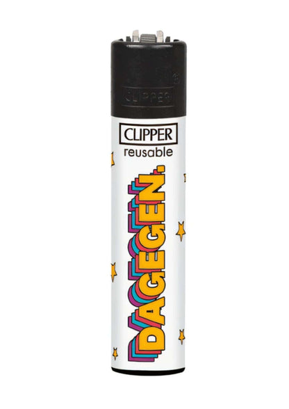 Weißes clipper feuerzeug mit schwarzem kopf und gelb-lila dagegen schriftzug im egal clipper feuerzeug set für gothic mode