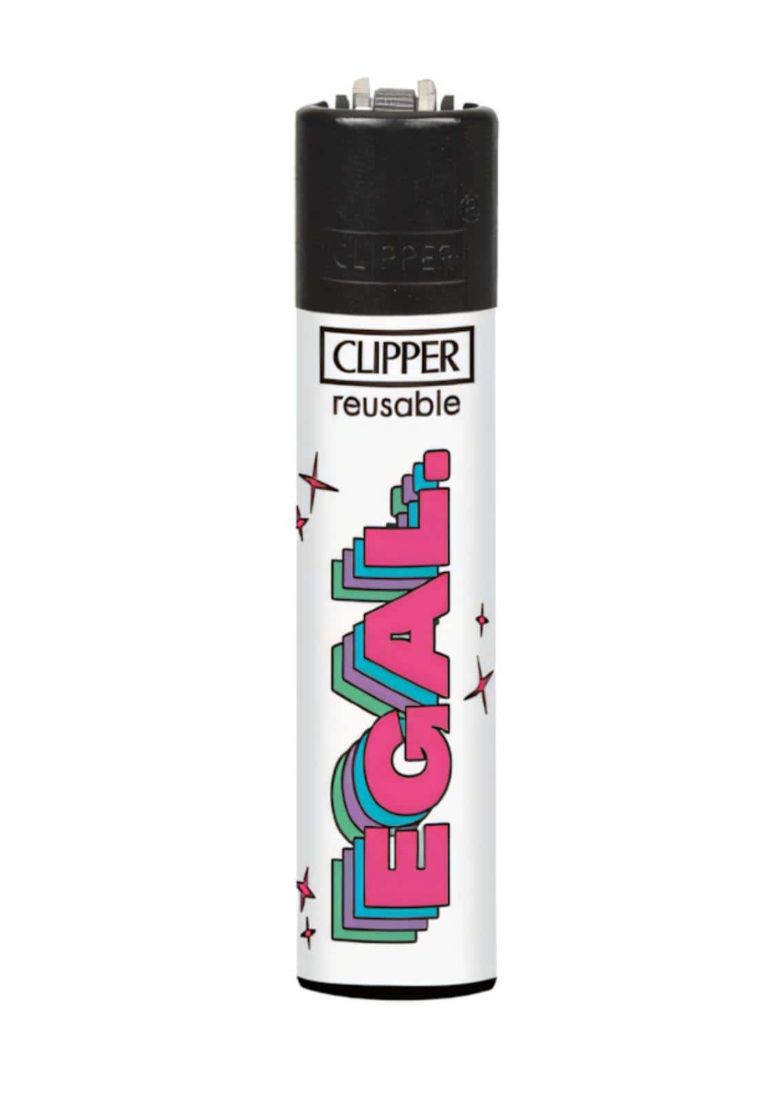 Weißes nachfüllbares Clipper Feuerzeug Egal mit black top und bottom, pinkem legal Schriftzug, ideal für gothic horror dark fashion