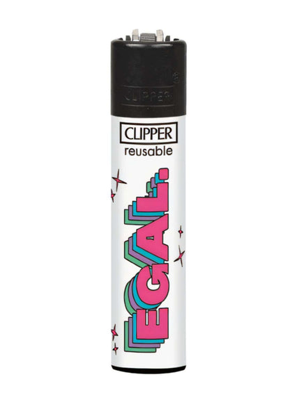 Weißes nachfüllbares Clipper Feuerzeug Egal mit black top und bottom, pinkem legal Schriftzug, ideal für gothic horror dark fashion