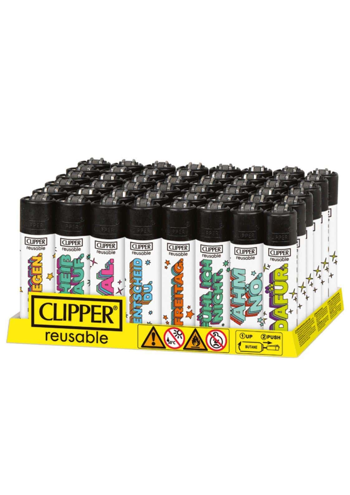 Ein pack egal clipper feuerzeuge nachfüllbar in weiß mit schwarzen deckeln und bunten cartoon-texten gothic horror style