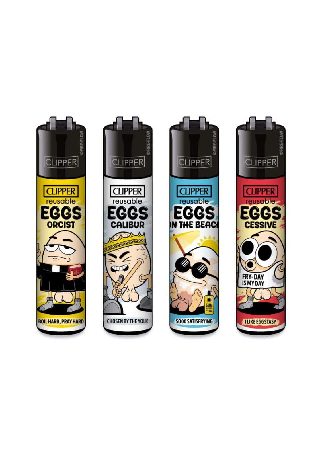 Vier bunte clipper feuerzeuge mit cartoon-ei-motiven und witzigen sprüchen als eggcalibur clipper feuerzeug