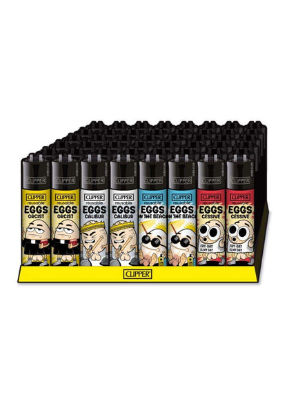 Eine sammlung von clipper feuerzeug eggcalibur clipper feuerzeug mit bunten etiketten und ei-motiven