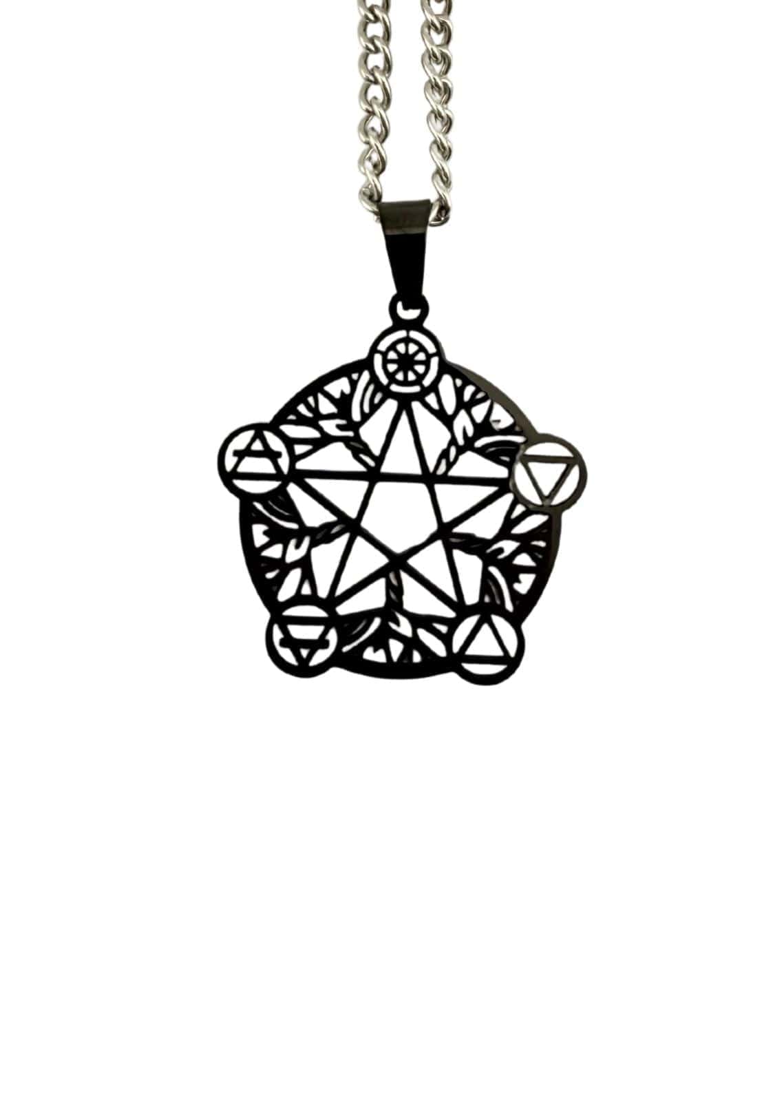 Schwarze elements pentagram halskette mit geometrischem anhänger und silberner kette im gothic stil