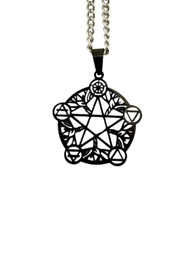 Schwarzes gothic metal pendel mit intricate elements pentagram design und silberner kette im artikel erklären