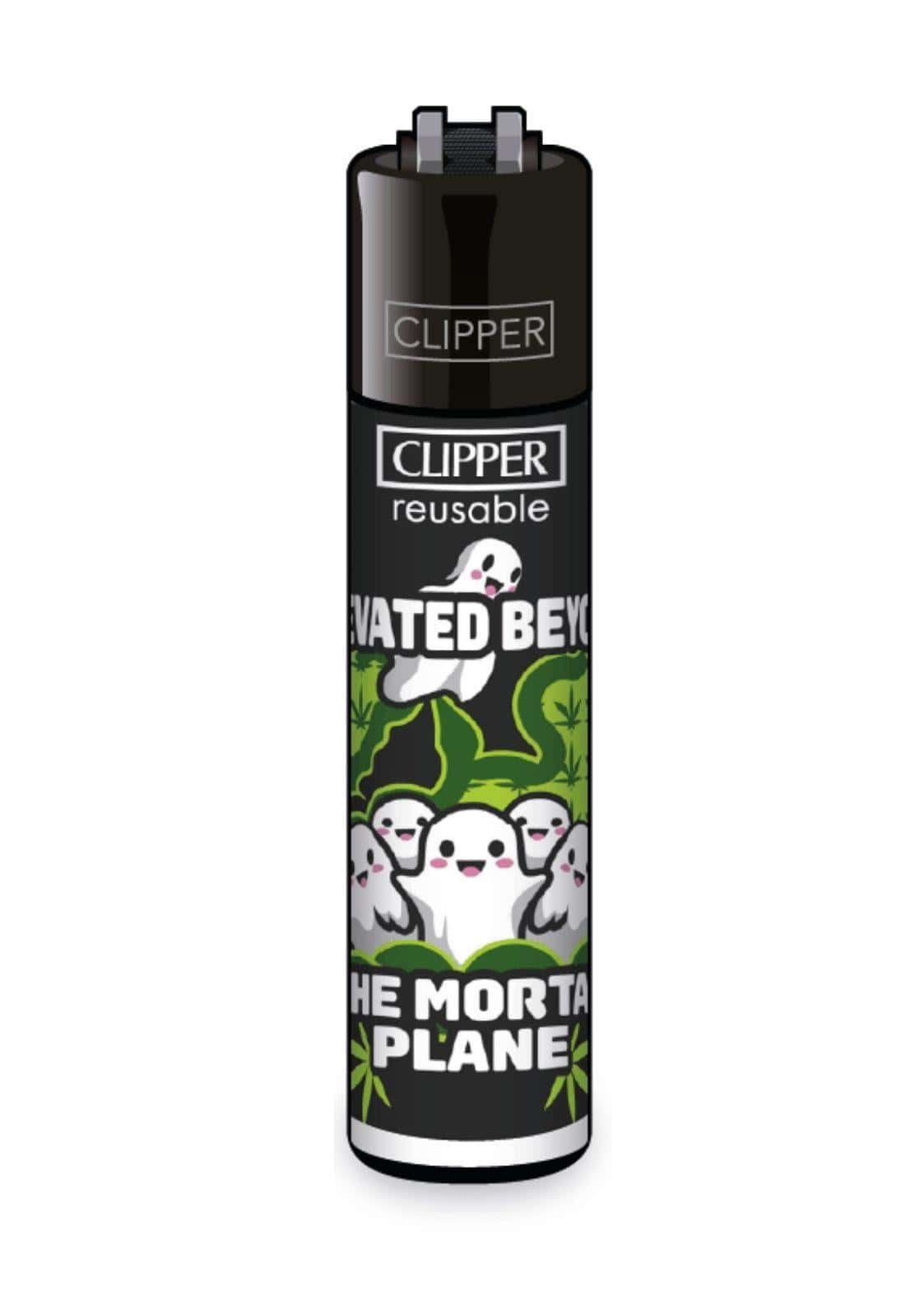 Schwarzes clipper feuerzeug mit cartoon-gestaltung weißer geister und grüner cannabisblätter austauschbares feuerstein