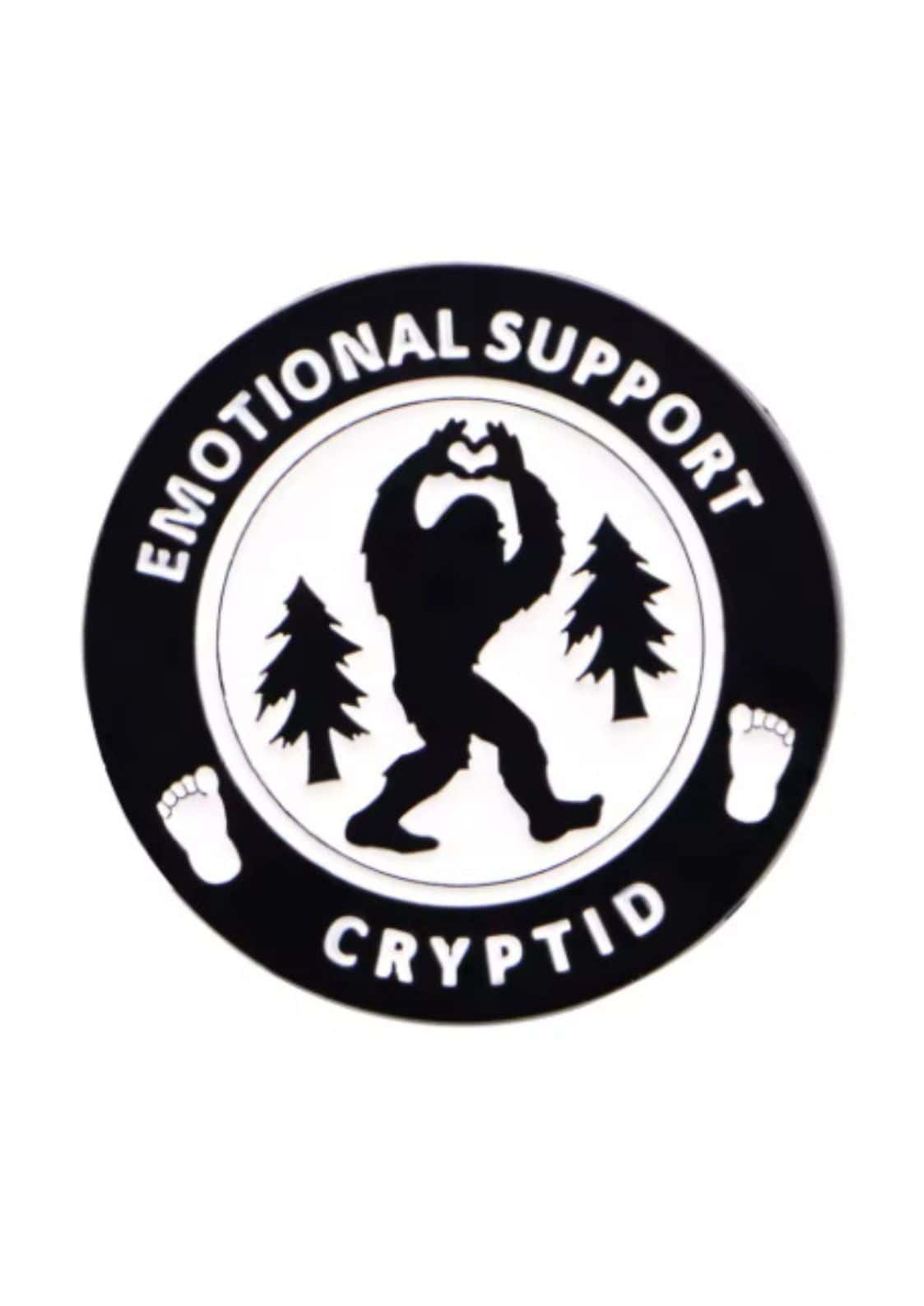 Rundes schwarz-weißes Abzeichen ’Emotional Support Cryptid’.