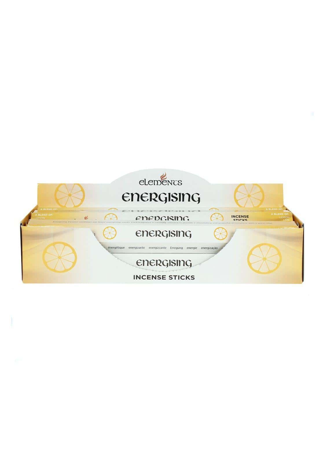 Weiß und gold verpackte energising incense sticks von elements mit zitronenscheiben design für belebende räucherstäbchen
