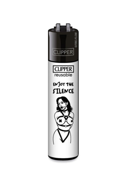Silberner und schwarzer Clipper Feuerzeuge mit gothic bondage Frau und Enjoy the Silence Text