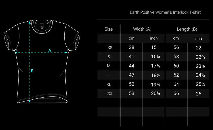 Erdpositiv Damen-Interlock-T-Shirt, schwarz mit weißem Design und Text.