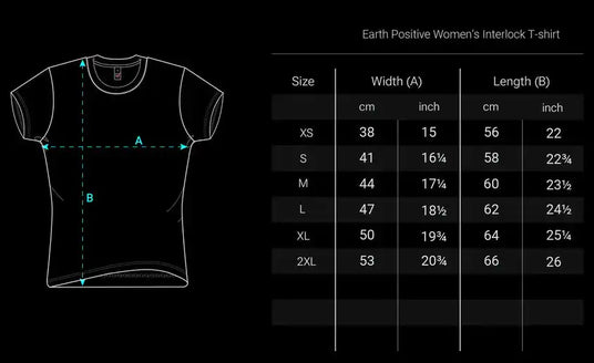 Erdpositiv Damen-Interlock-T-Shirt, schwarz mit weißem Design und Text.