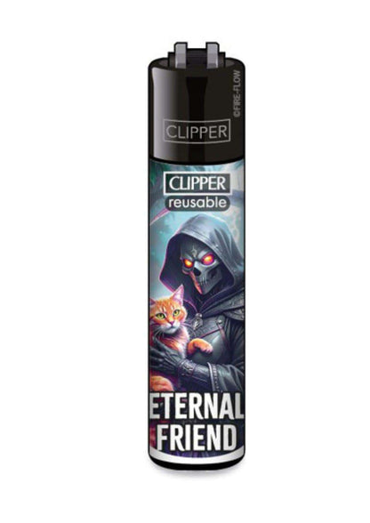Schwarzes clipper feuerzeug mit grafik eines skelettmanns mit roten augen und einer orangen katze eternal friend für den alltag