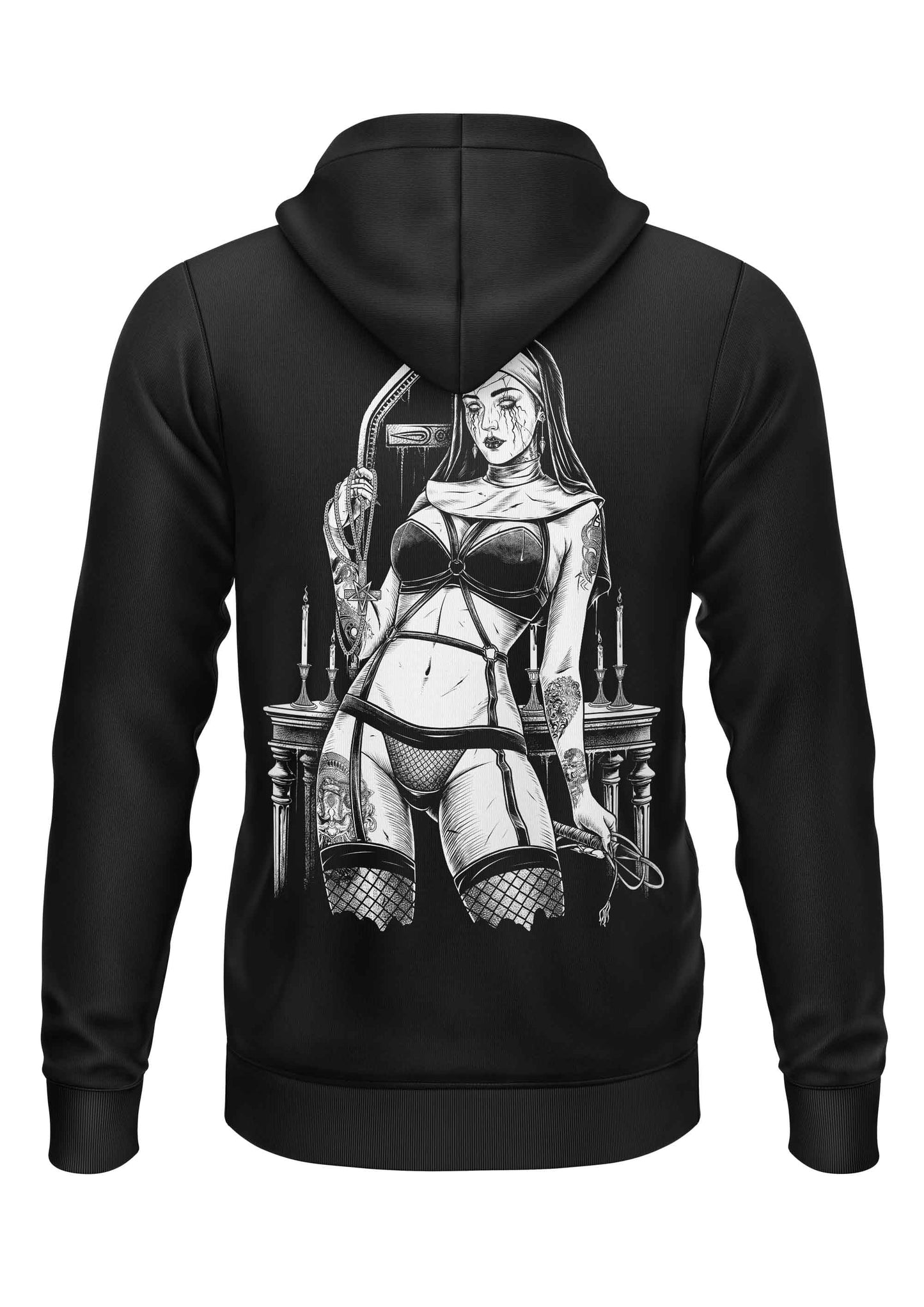 Schwarzer Gothic-Hoodie Evil Nun mit Peitschenfrau-Motiv
