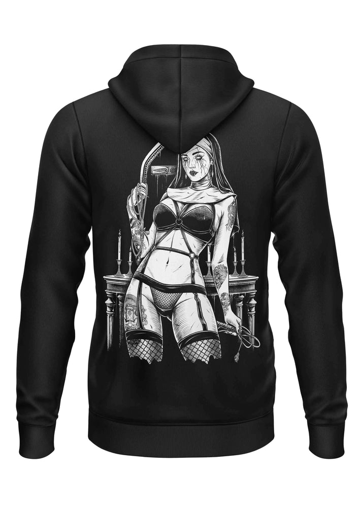Schwarzer hoodie mit gothic horror backprint einer frau in lingerie und netzstrümpfen mit peitsche bitte design