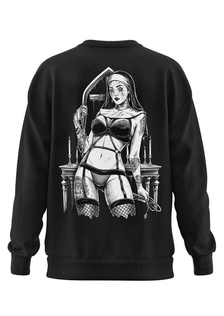 Schweres unisex sweatshirt in schwarz mit detailliertem schwarz-weiß grafik print einer tätowierten nonne in lingerie aus recyceltem polyester