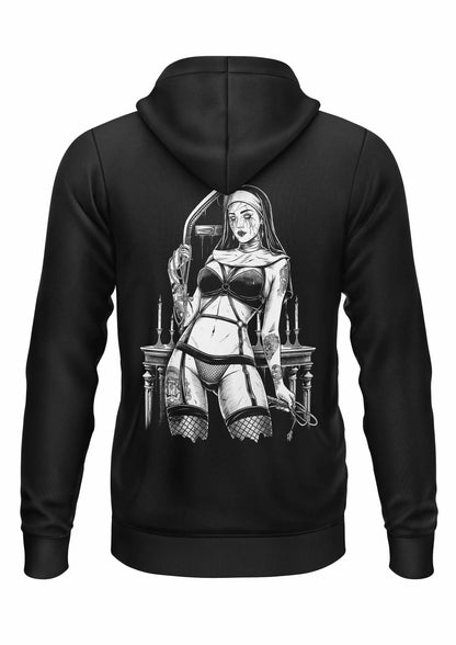 EVIL NUN - ZIPPER: Schwarzer Gothic-Hoodie mit Nonnen-Bild in Lingerie und Peitsche