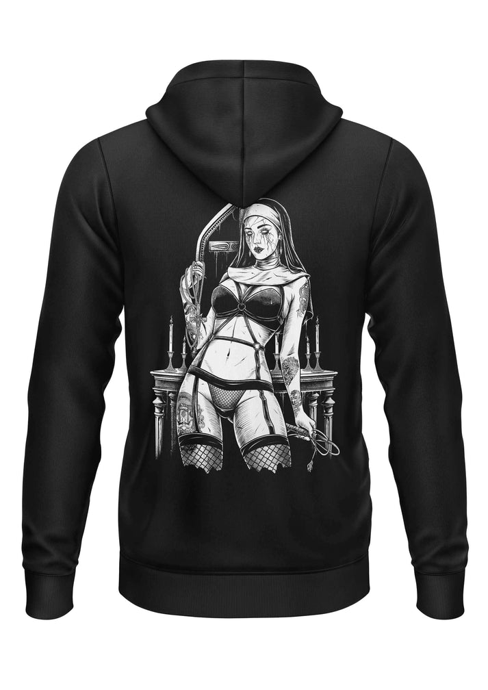 Schwarzer hoodie mit detailliertem schwarz-weiß grafik einer gothic horror nonne in lingerie mit peitsche am kerzentisch bitte