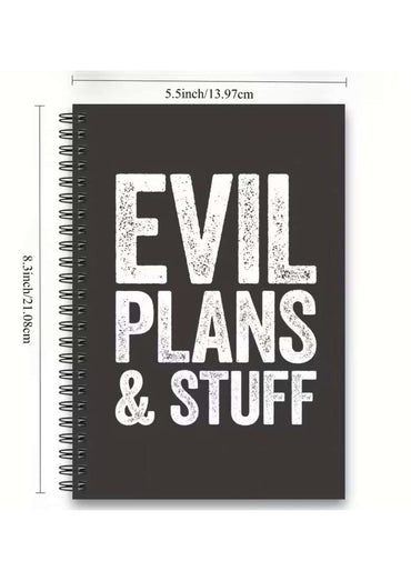 Schwarzes spiralnotizbuch evil plans & stuff mit weißem distressed text im gothic horror stil für dark fashion fans