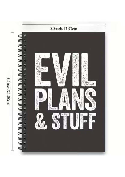Schwarzes spiralnotizbuch evil plans & stuff mit weißem distressed text im gothic horror stil für dark fashion fans