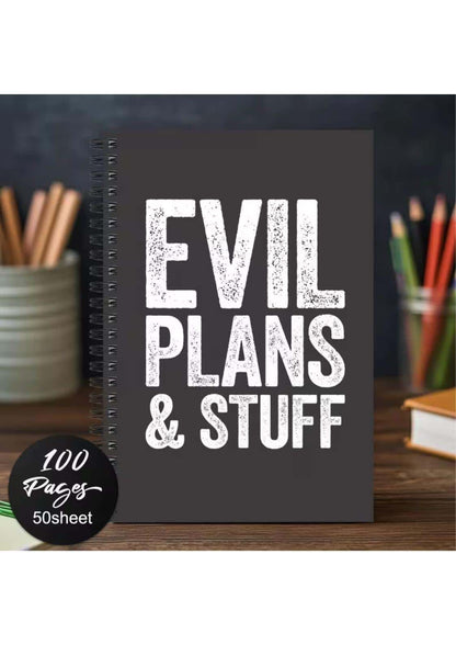 Schwarzes spiralnotizbuch mit weißem distressed text evil plans & stuff für gothic und horror fans