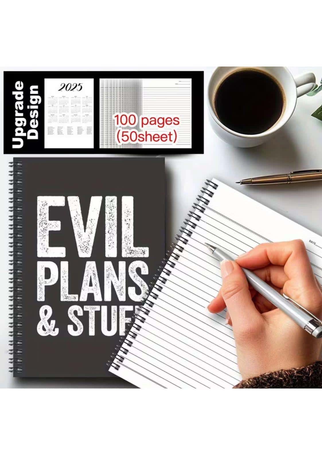 Schwarzer spiralkalender mit weißem gothic schriftzug evil plans & stuff für horror und dark fashion fans