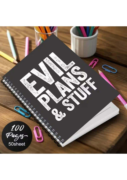 Schwarzes spiralblocknotizbuch evil plans & stuff mit weißem distressed text und 100 seiten, ideal für gothic horror fans