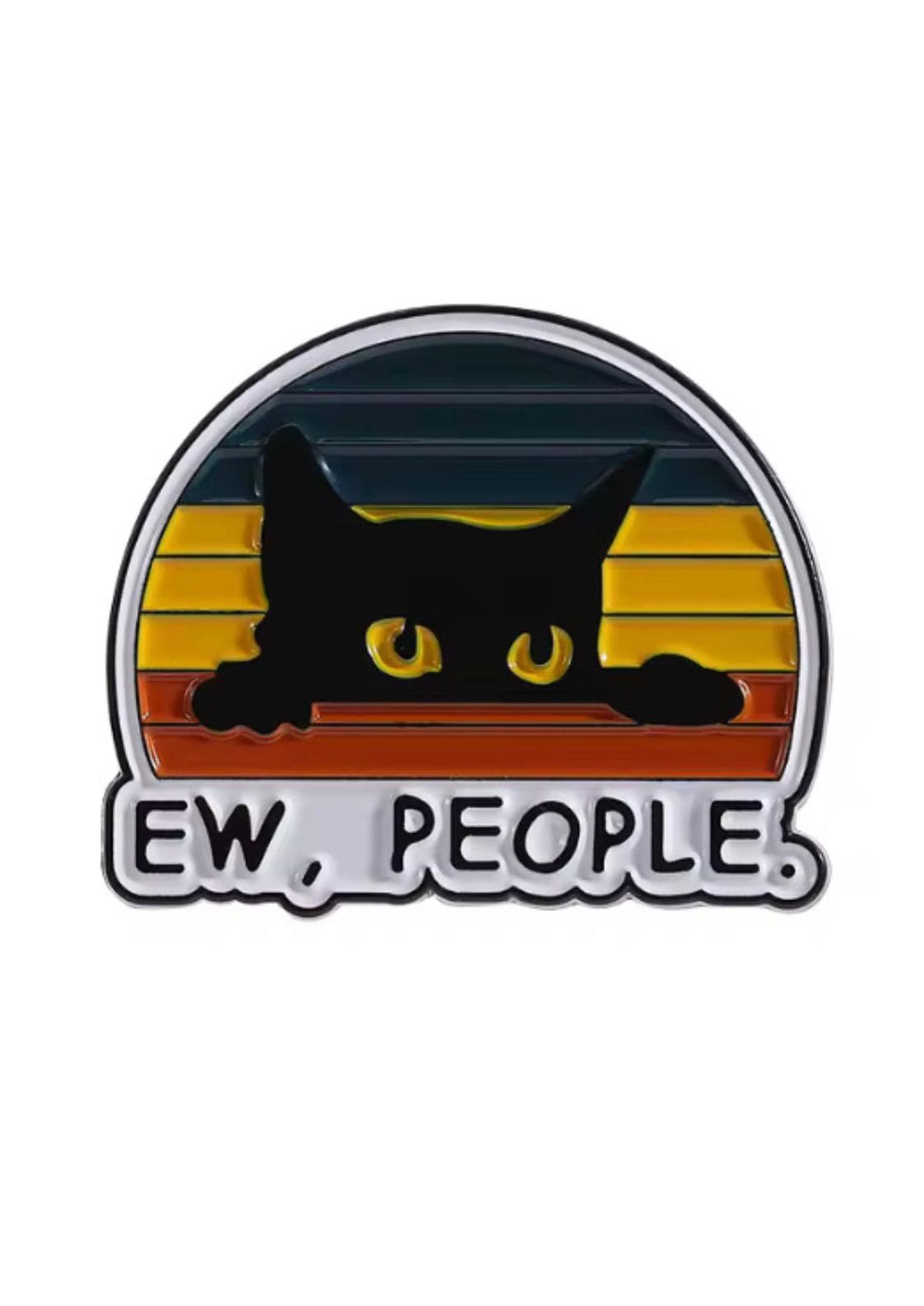 Schwarz emaillierte Katzennadel mit gelben Augen und „ew, Leute“ Text.