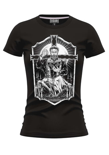 Schwarzes girlie t-shirt exorcism mit weißem detailreichem graphic print aus strapazierfähigem stoff und weicher qualität