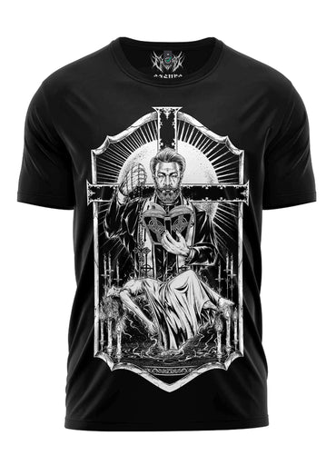 Schwarzes gothic horror t-shirt exorcism mit schwarzem und weißem bitte motive eines bartträgers in königlicher kleidung