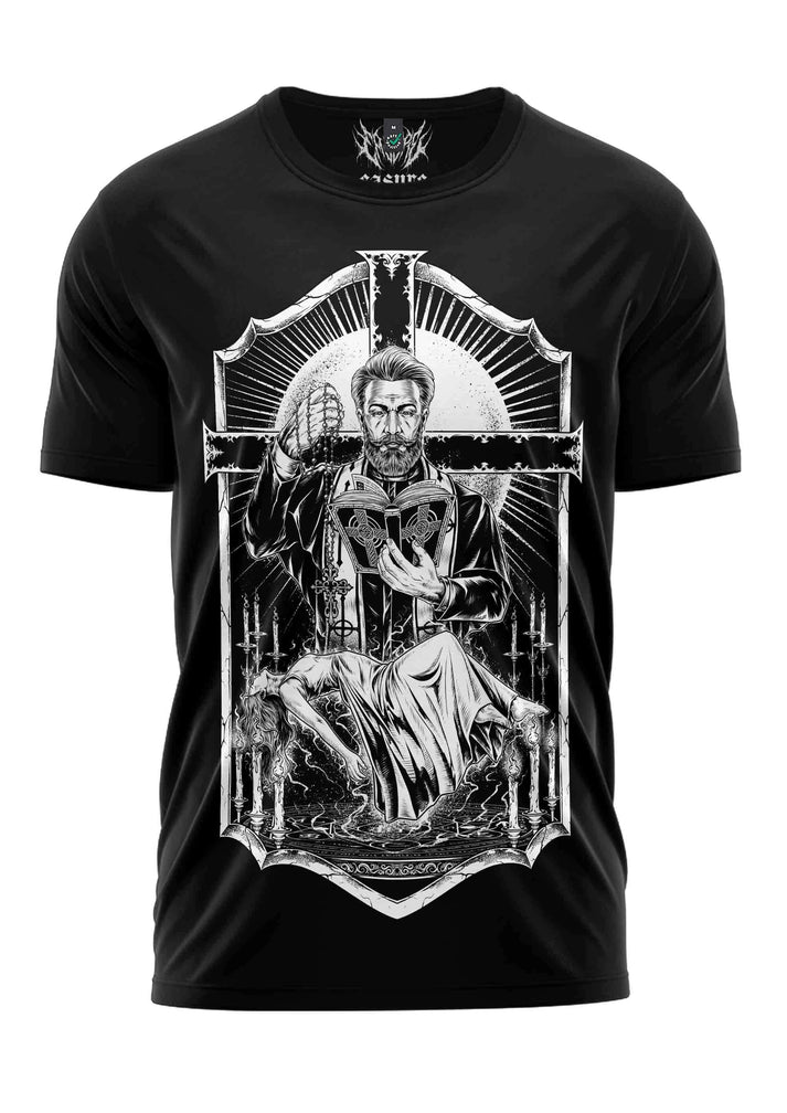 Schwarzes gothic horror t-shirt exorcism mit schwarzem und weißem bitte motive eines bartträgers in königlicher kleidung
