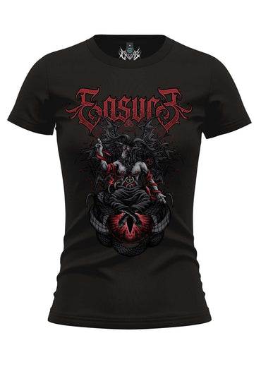 Schwarzes girlie hemd mit eye of baphomet grafik in roten und schwarzen akzenten und gotischer schrift