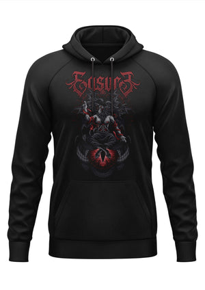 Schwarzer hoodie mit gothic horror grafik eines roten und grauen dämonen und dem schriftzug eisuro