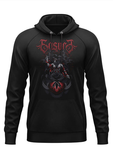 Schwarzer hoodie mit gothic horror grafik eines roten und grauen dämonen und dem schriftzug eisuro