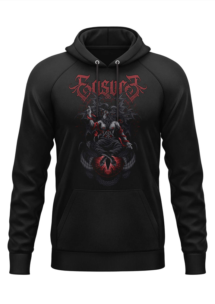 Schwarzer hoodie mit gothic horror grafik eines roten und grauen dämonen und dem schriftzug eisuro