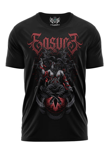 Schwarzes gothic kurzarmshirt mit detailliertem horrormotiv eines teufels und dem bandnamen easur3 im eye of baphomet design