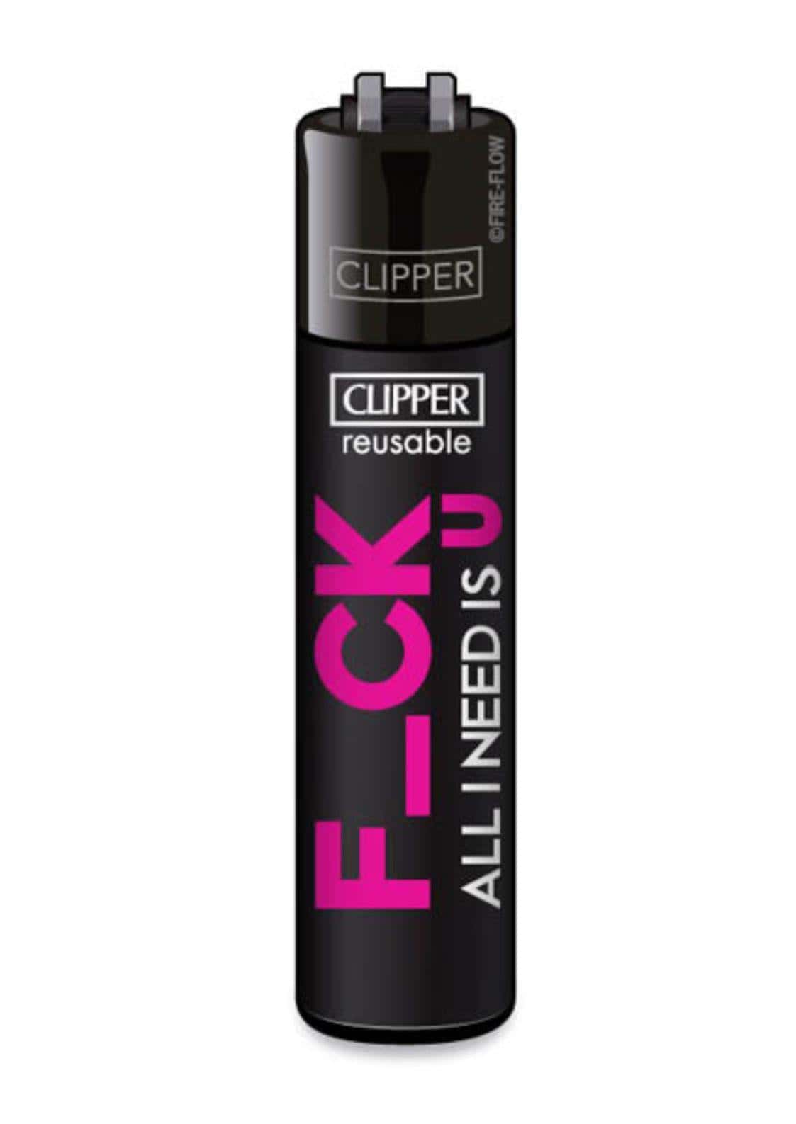 Schwarzes clipper feuerzeug wiederbefüllbar mit pinkem und weißem text fck u all i need is für gothic kleidung und horror fans