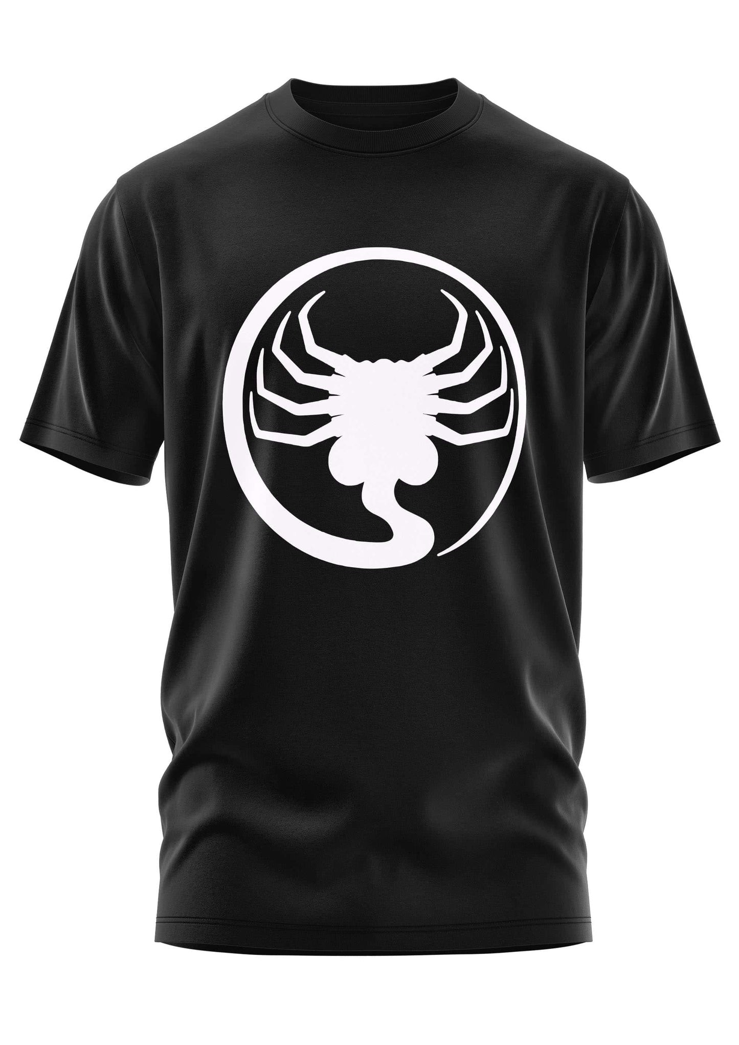 Schwarzes gothic horror kurzarmshirt facehugger mit weißem stilisiertem skorpion kreisgrafik vorne
