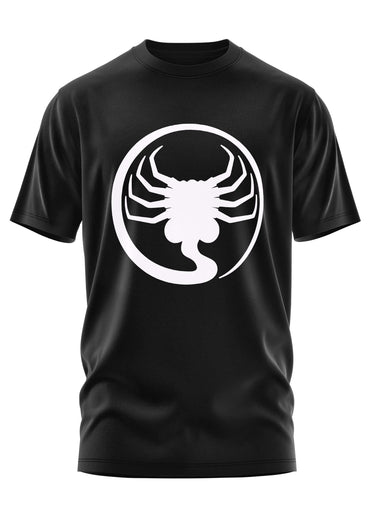 Schwarzes gothic horror kurzarmshirt facehugger mit weißem stilisiertem skorpion kreisgrafik vorne
