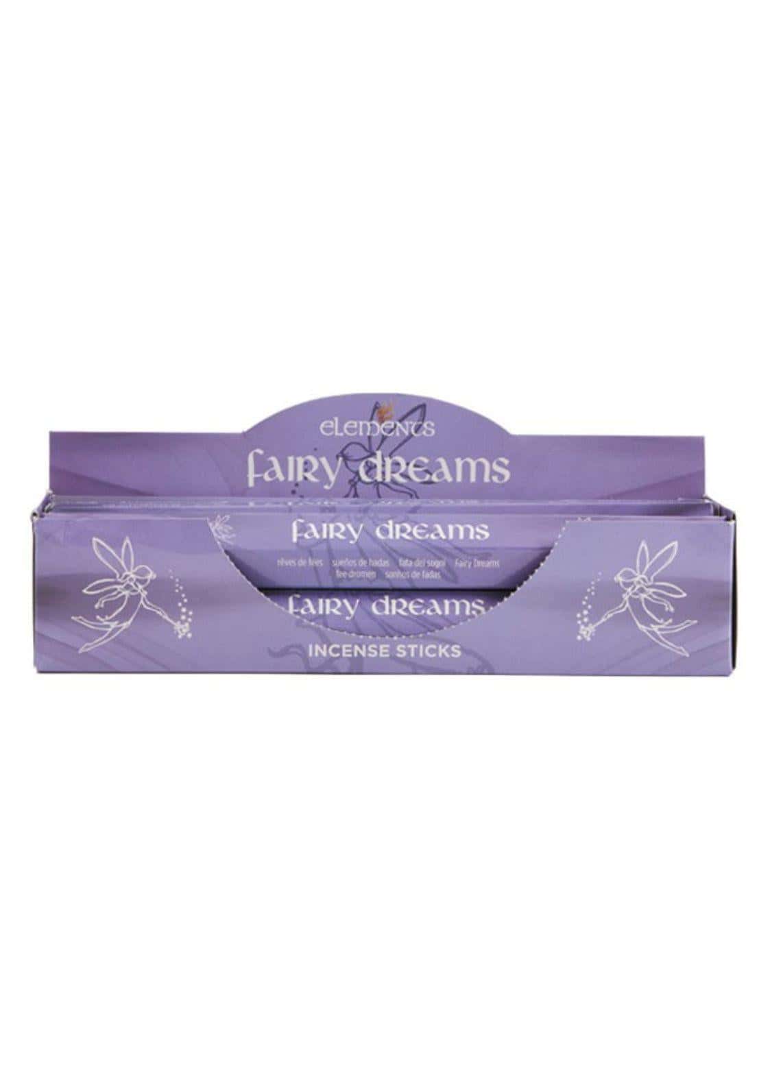 Lila fairy dreams räucherstäbchen box mit märchenhaften illustrationen und klarem fenster zeigt die stäbchen