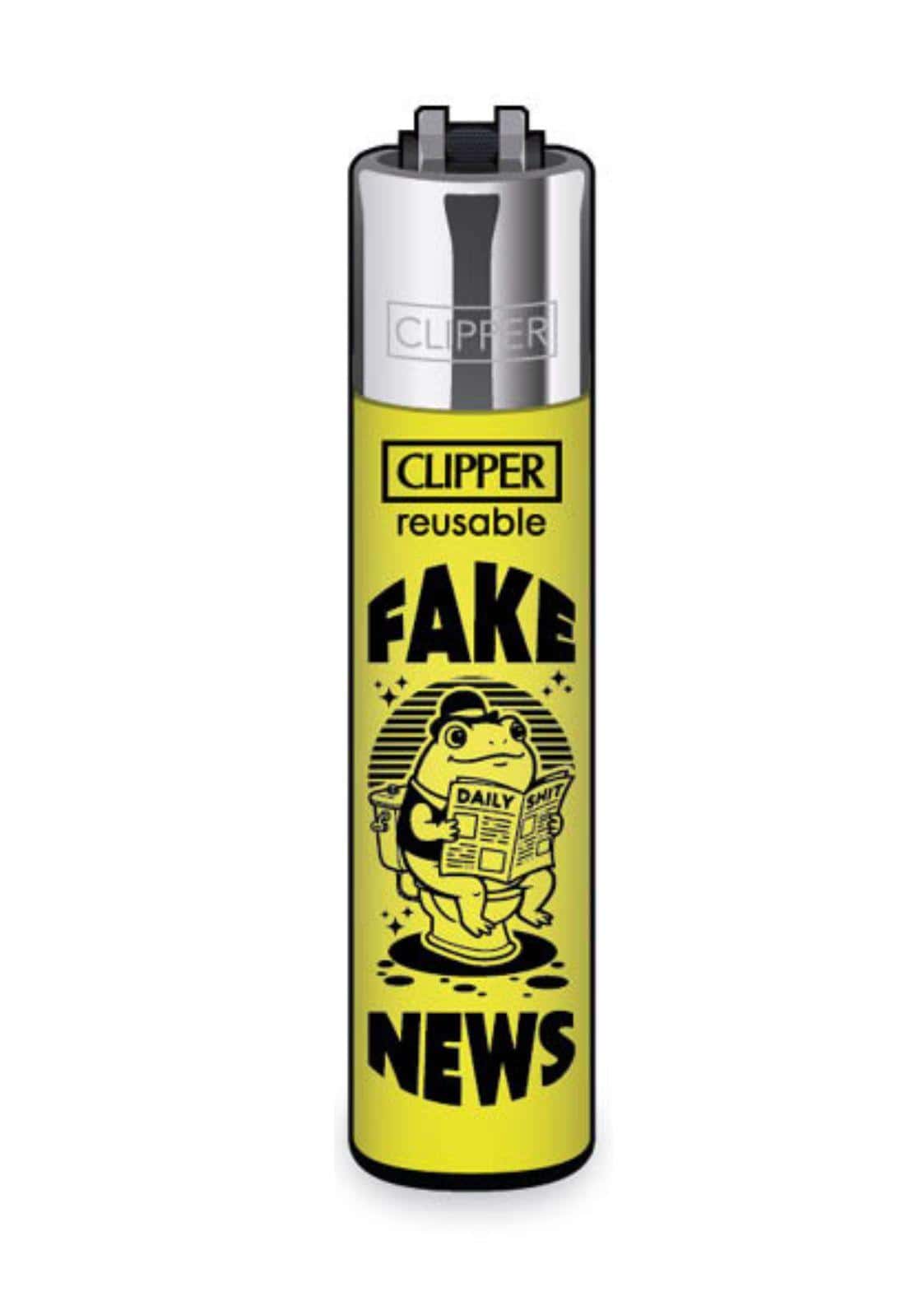 Fake news nachfüllbares clipper-feuerzeug gelb mit schwarzem frosch und soft-touch-oberfläche