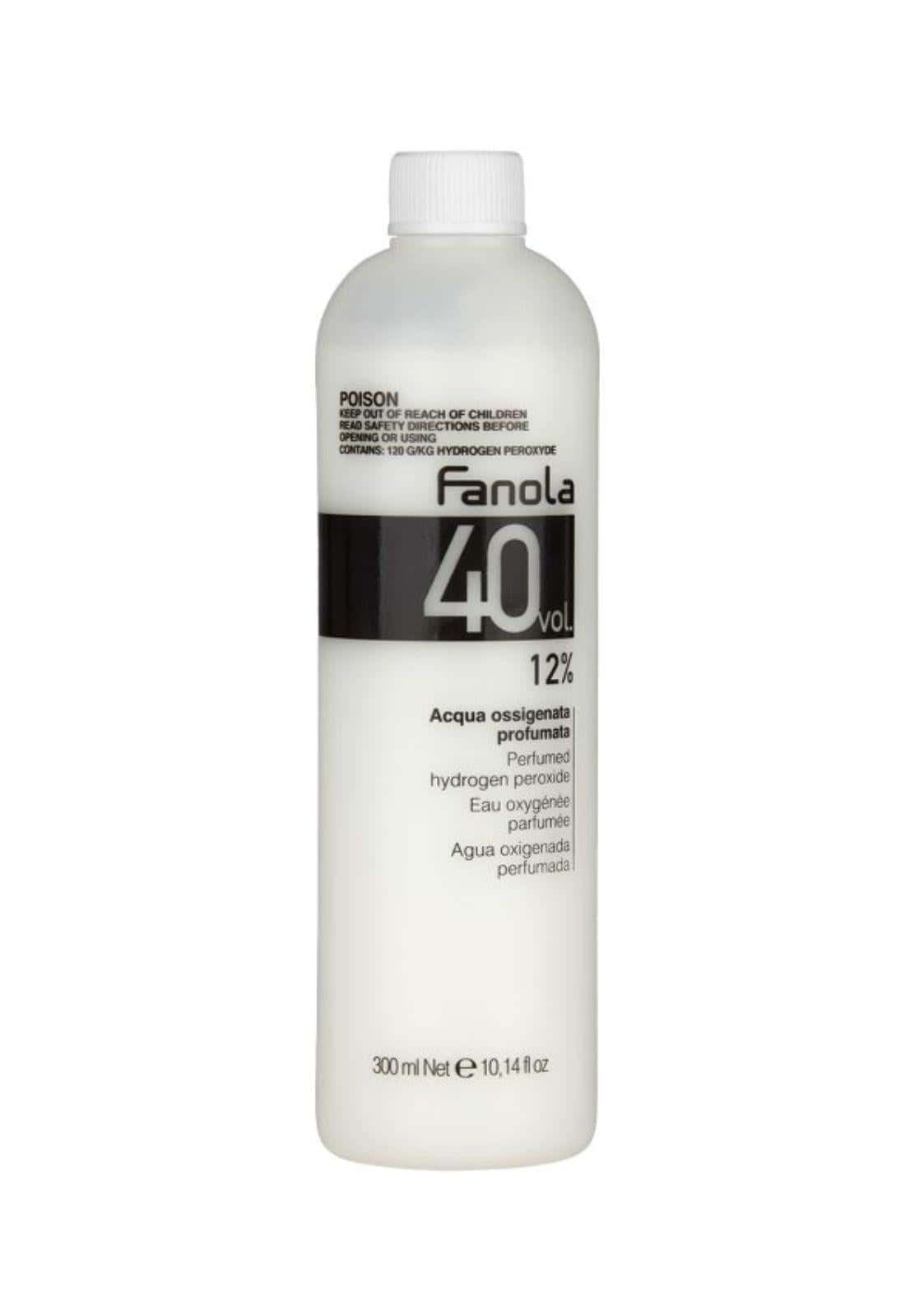 Weiße kunststoffflasche fanola bleichmittel entwickler 12 prozent 40 vol mit schwarzem etikett für maximale aufhellung bei haarfarben