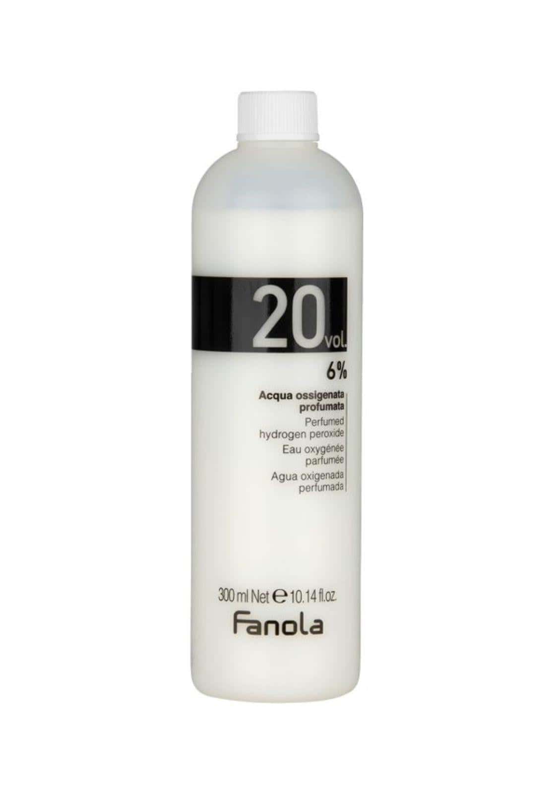 Ein transparente weiße kunststoffflasche mit schwarzem etikett und weißer kappe fanola entwickler 20 vol 6% für bleichen und farbauftrag